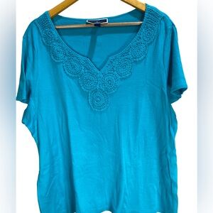 Karen Scott Turquoise Crochet Neck Tee Women’s 2X Short Sleeve Cotton Top